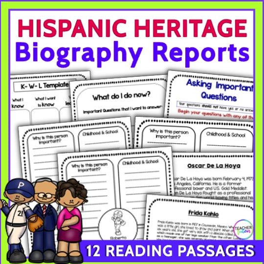 Hispanic Heritage Month Activities Biography Report Project, Graphic Organizer & Reading Passages - Teacher Features