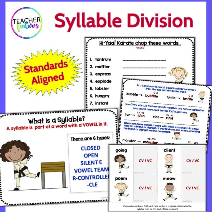 6 SYLLABLE TYPES CVVC Cle VCCCV SYLLABLE DIVISION Rules & Games KARATE THEME Digital Download Teacher Features