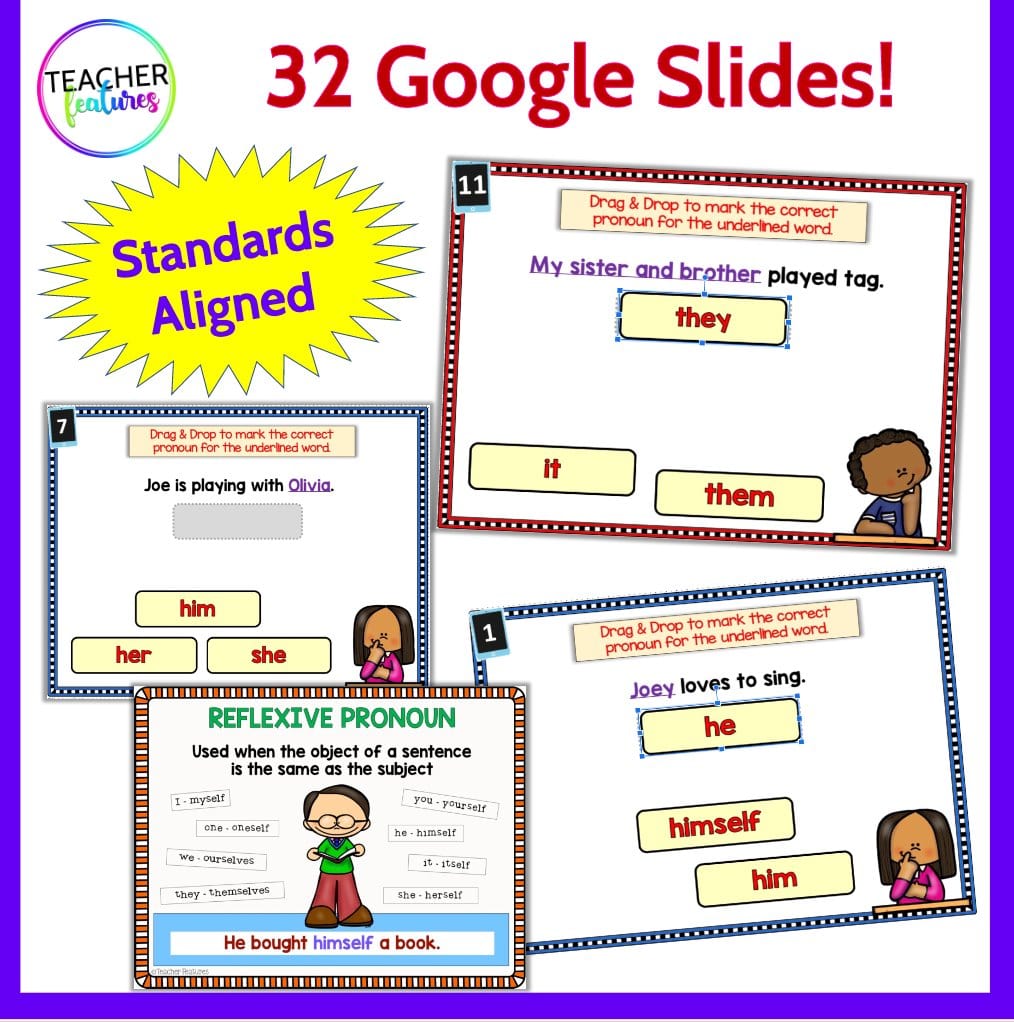 Google Slides 1st & 2nd Grade PERSONAL & REFLEXIVE PRONOUNS Digital Download Teacher Features
