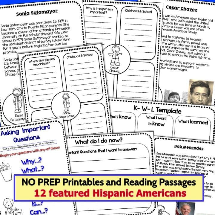 HISPANIC HERITAGE MONTH Biography Writing Project & READING PASSAGES Digital Download Teacher Features