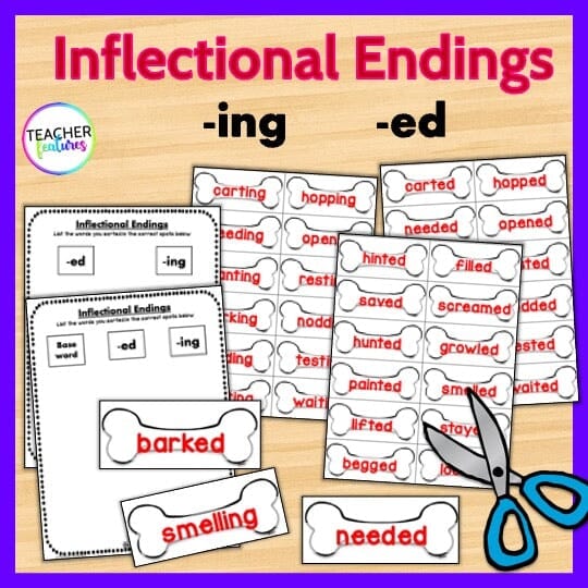 Inflectional Endings Dog Theme Word Sort -ed and -ing Digital Download Teacher Features