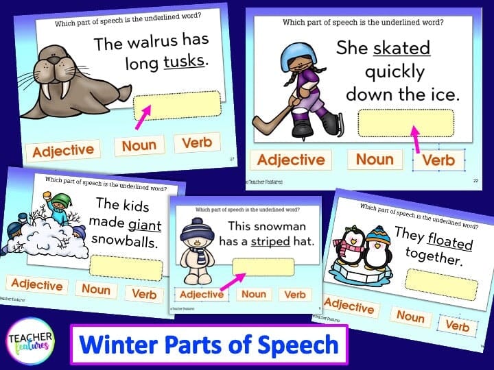 PARTS OF SPEECH REVIEW Nouns Adjectives Verbs GOOGLE SLIDES Digital Download Teacher Features