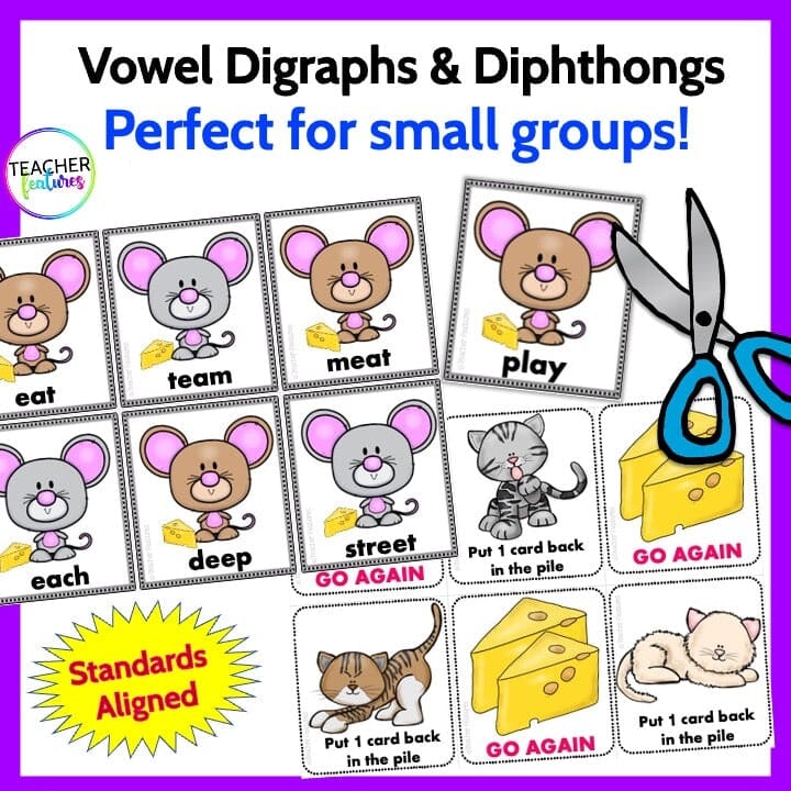 PHONICS GAME LONG VOWELS DIPHTHONGS VOWEL TEAMS Mouse & Cheese Digital Download Teacher Features