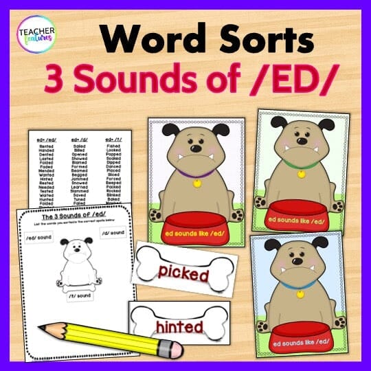 The 3 SOUNDS OF /ED/ WORD SORT Dog Themed Digital Download Teacher Features