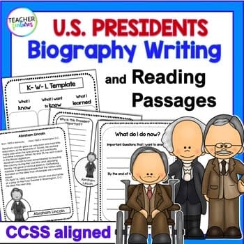 U.S. PRESIDENTS DAY Biography Writing Project & READING PASSAGES Digital Download Teacher Features