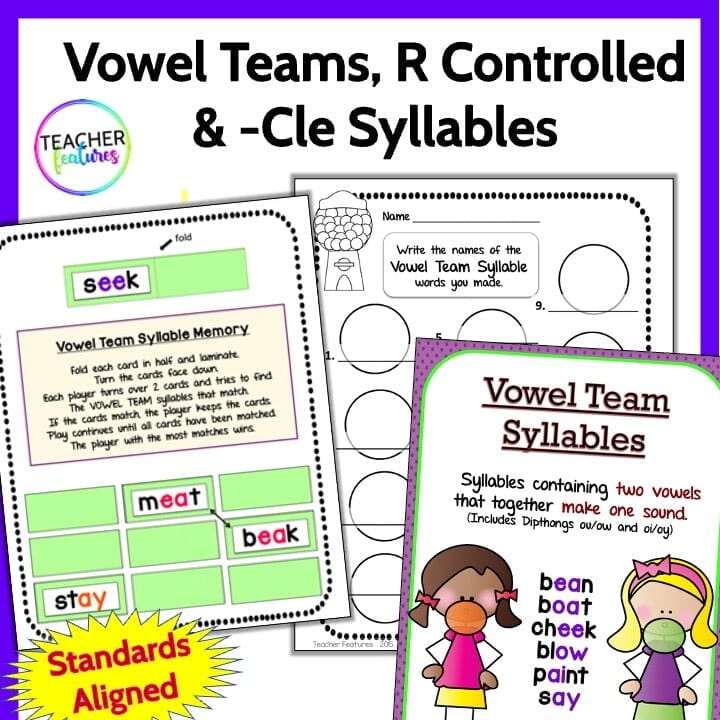 Vowel Teams R-Controlled & Consonant -le SYLLABLE TYPES & SYLLABLE DIVISION GAMES (Part 2) Digital Download Teacher Features