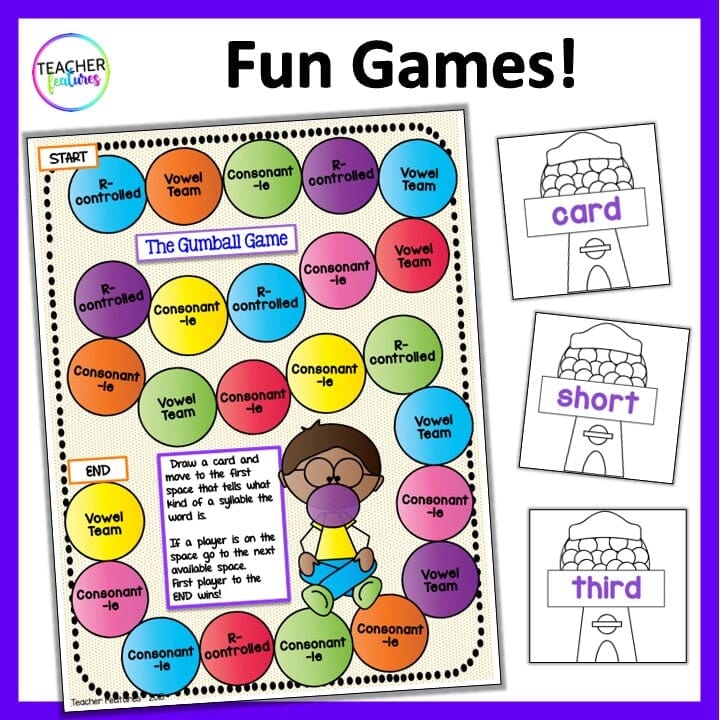 Vowel Teams R-Controlled & Consonant -le SYLLABLE TYPES & SYLLABLE DIVISION GAMES (Part 2) Digital Download Teacher Features