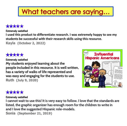HISPANIC HERITAGE MONTH Biography Writing Project & READING PASSAGES Digital Download Teacher Features