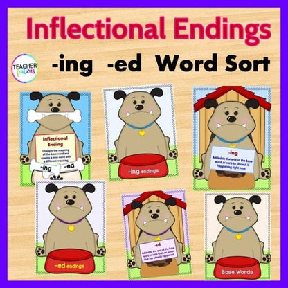 Inflectional Endings Dog Theme Word Sort -ed and -ing Digital Download Teacher Features