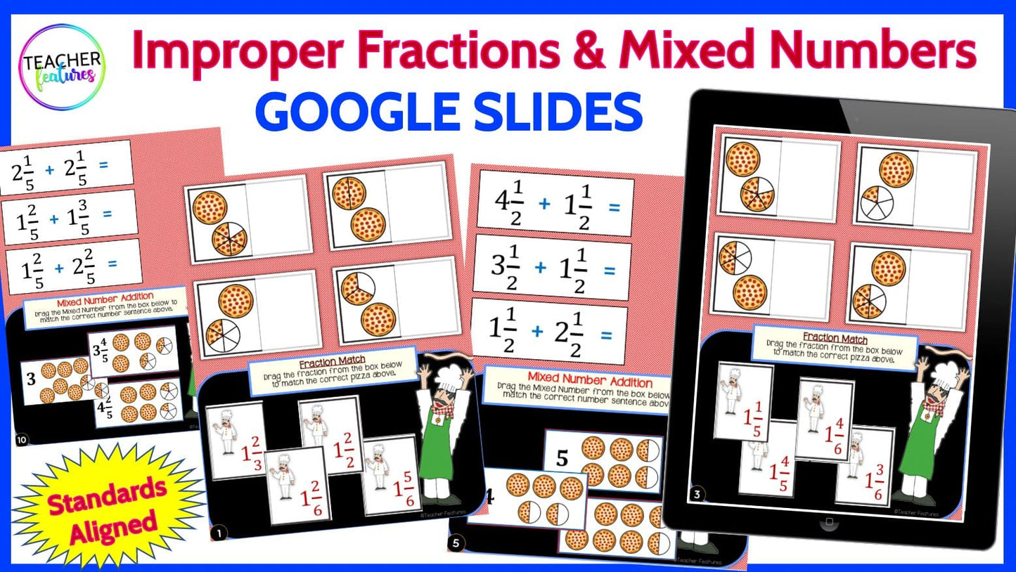 MIXED NUMBERS & IMPROPER FRACTIONS Google Slides Digital Download Teacher Features