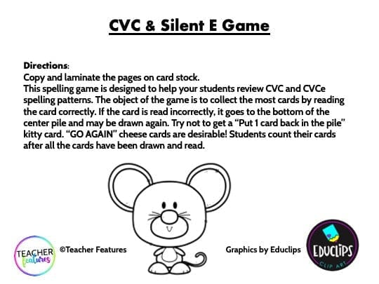 PHONICS GAME CVCE SILENT E SHORT VOWELS CVC Mouse & Cheese Digital Download Teacher Features