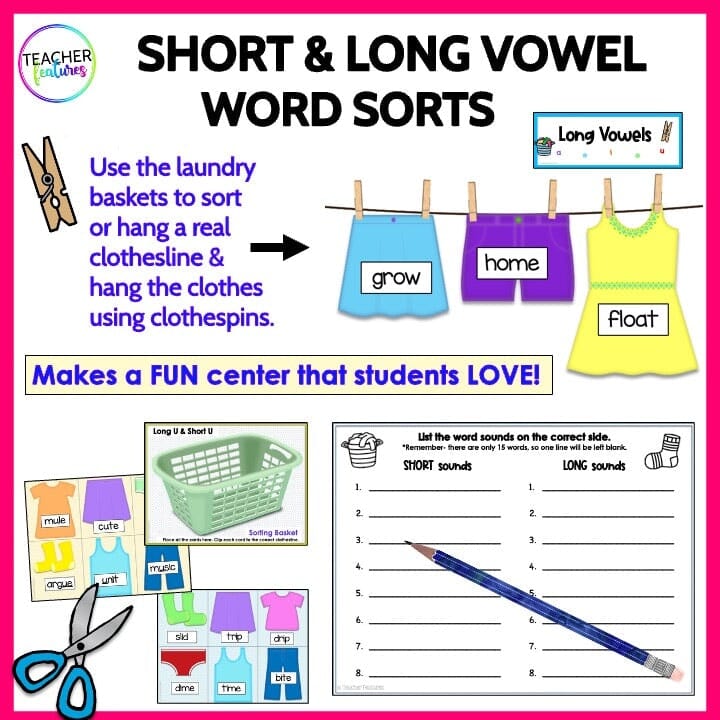 PHONICS WORD SORTS Short & Long Vowels WORD WORK CENTERS Digital Download Teacher Features