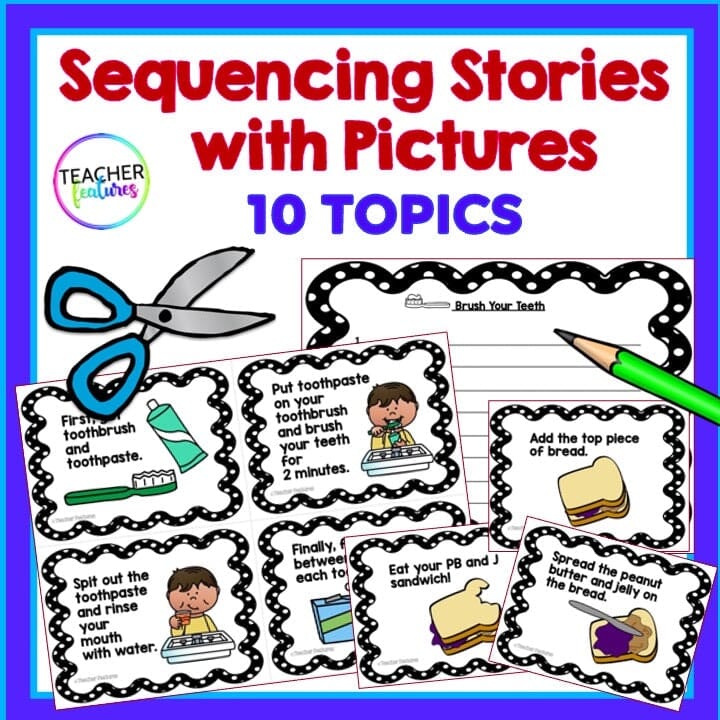 SEQUENCING STORIES & EVENTS WITH PICTURE CARDS 1st & 2nd Grade STORY RETELL Digital Download Teacher Features