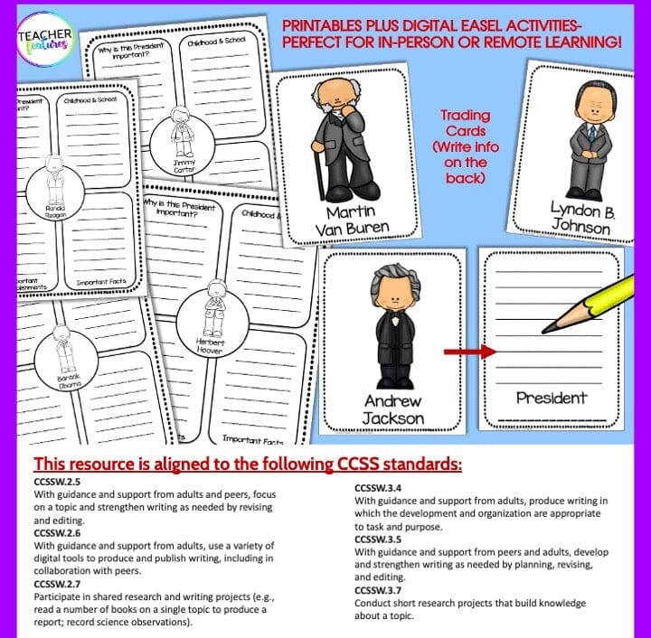 U.S. PRESIDENTS DAY Biography Writing Project & READING PASSAGES Digital Download Teacher Features