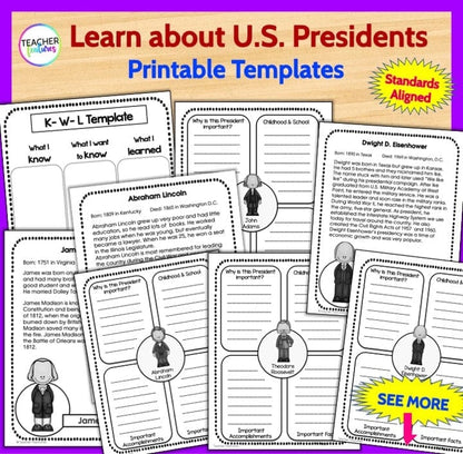 U.S. PRESIDENTS DAY Biography Writing Project & READING PASSAGES Digital Download Teacher Features